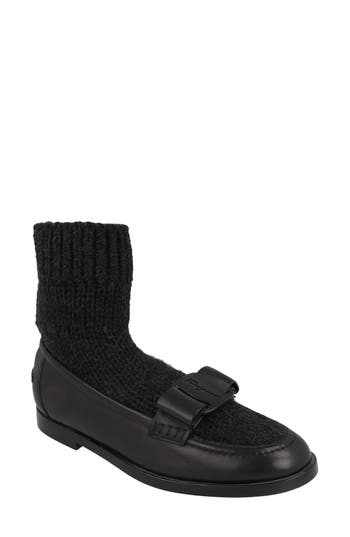 Ferragamo Vit Art Wool Sock Bow Loafer In Black
