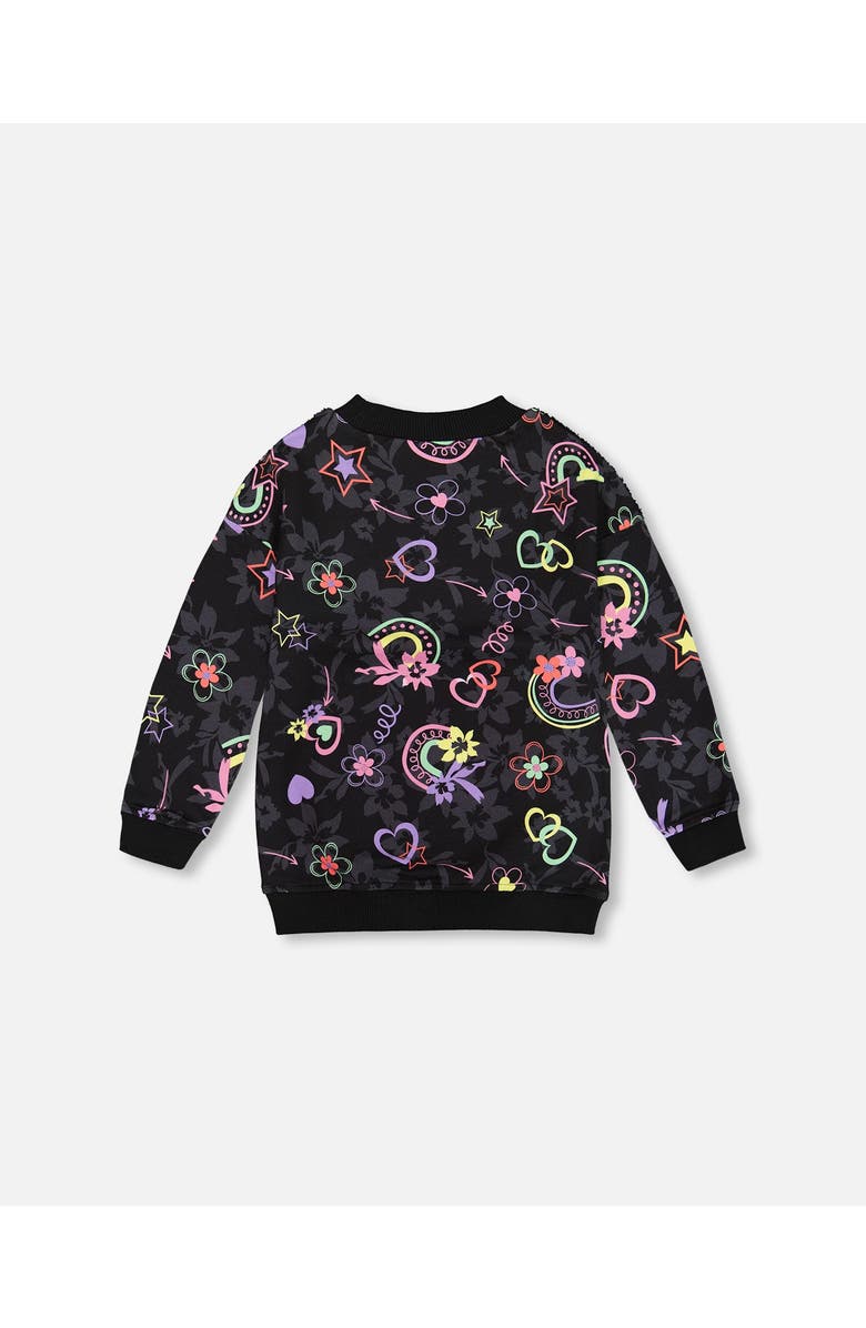Deux par Deux Girl's Bi-Material French Terry And Soft Fleece Tunic With Pocket Black Printed Rainbow Hearts, Alternate, color, 
