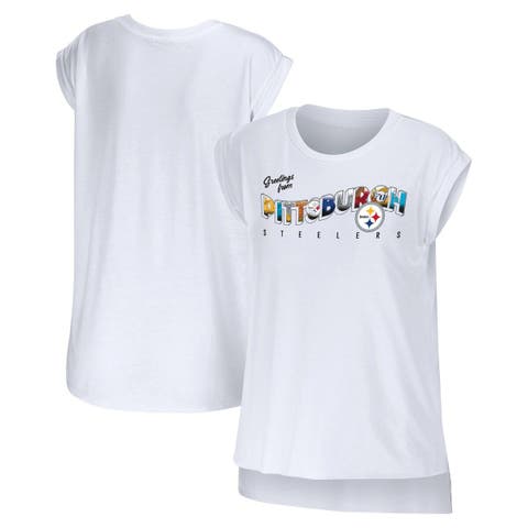 Women's WEAR by Erin Andrews White Pittsburgh Steelers Greetings From Muscle T-Shirt