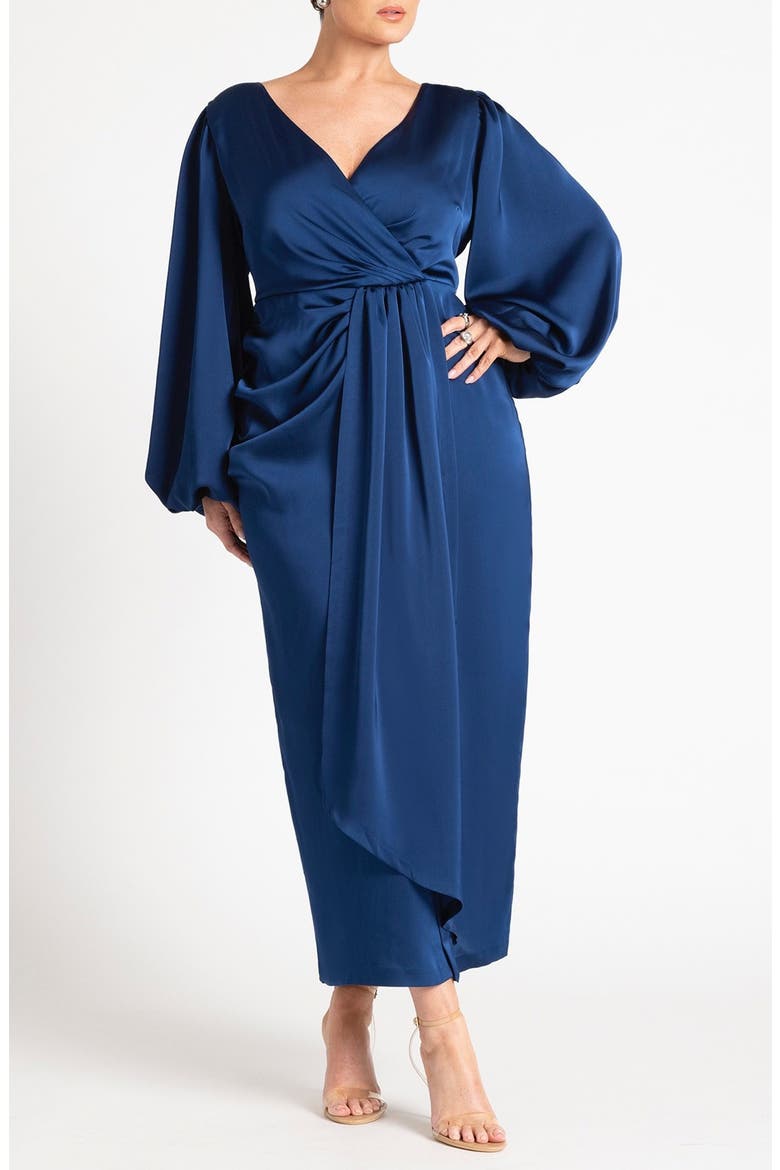Pleated Satin Puff Sleeve Maxi Dress, Main, color, ESTATE BLUE