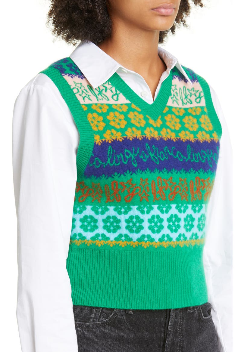 x Nordstrom Gender Inclusive Logo Jacquard Cashmere Sweater Vest, Alternate, color, KELLY GREEN MULTI