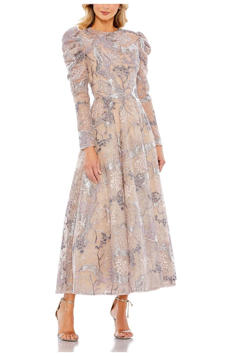 Mac Duggal Embellished High Neck Puff Sleeve A-Line Dress, Main, color, Taupe