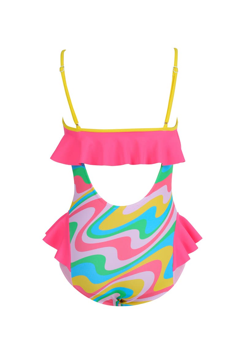 Sporty Multi-Color Neon Orbit Side Ruffles One-Piece Swimsuit, Alternate, color, Multicolor