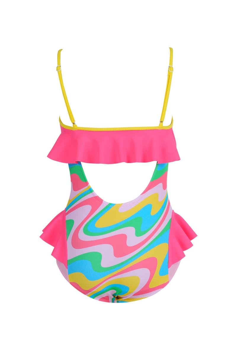 NESSI BYRD Sporty Multi-Color Neon Orbit Side Ruffles One-Piece Swimsuit, Alternate, color, Multicolor
