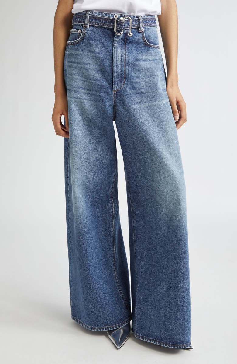 SPORTMAX Procida Belted Distressed Wide Leg Jeans, Main, color, Midnight Blue