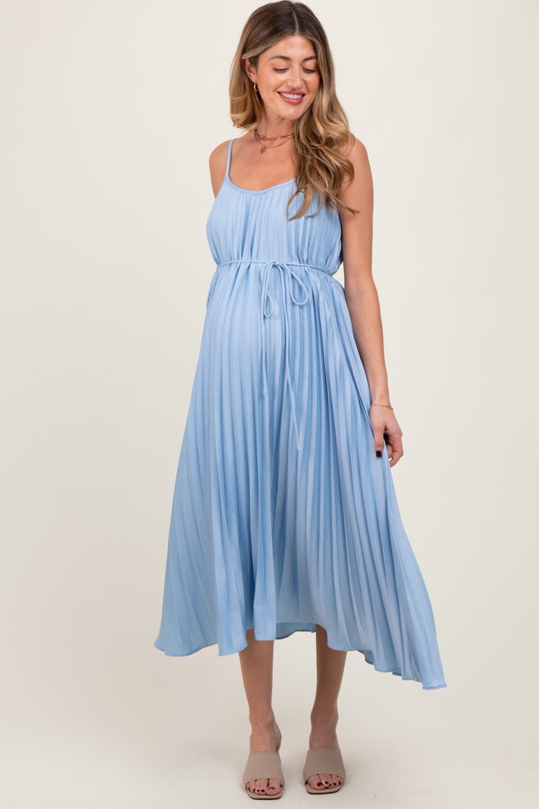 Pleated Sash Tie Midi Dress, Alternate, color, Light Blue