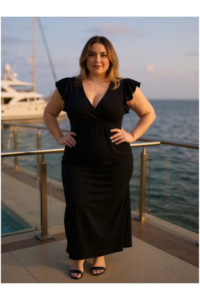 Plus Size Solid V-Neck Tulip Hem Ruffle Sleeve Faux Wrap Maxi Dress, Alternate, color, Black