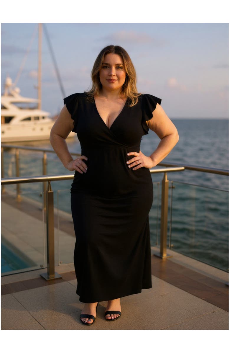 24seven Comfort Apparel Plus Size Solid V-Neck Tulip Hem Ruffle Sleeve Faux Wrap Maxi Dress, Alternate, color, Black