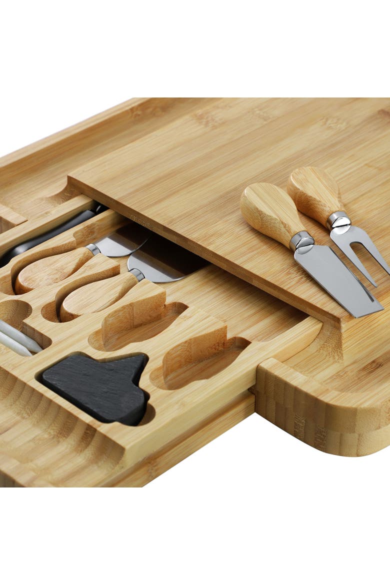 Wood Charcuterie Cheese Board with Slide Out Drawer with Cheese Utensils, Bottle Opener, and 3 Piece Mini Chalkboard Set, Alternate, color, Bamboo