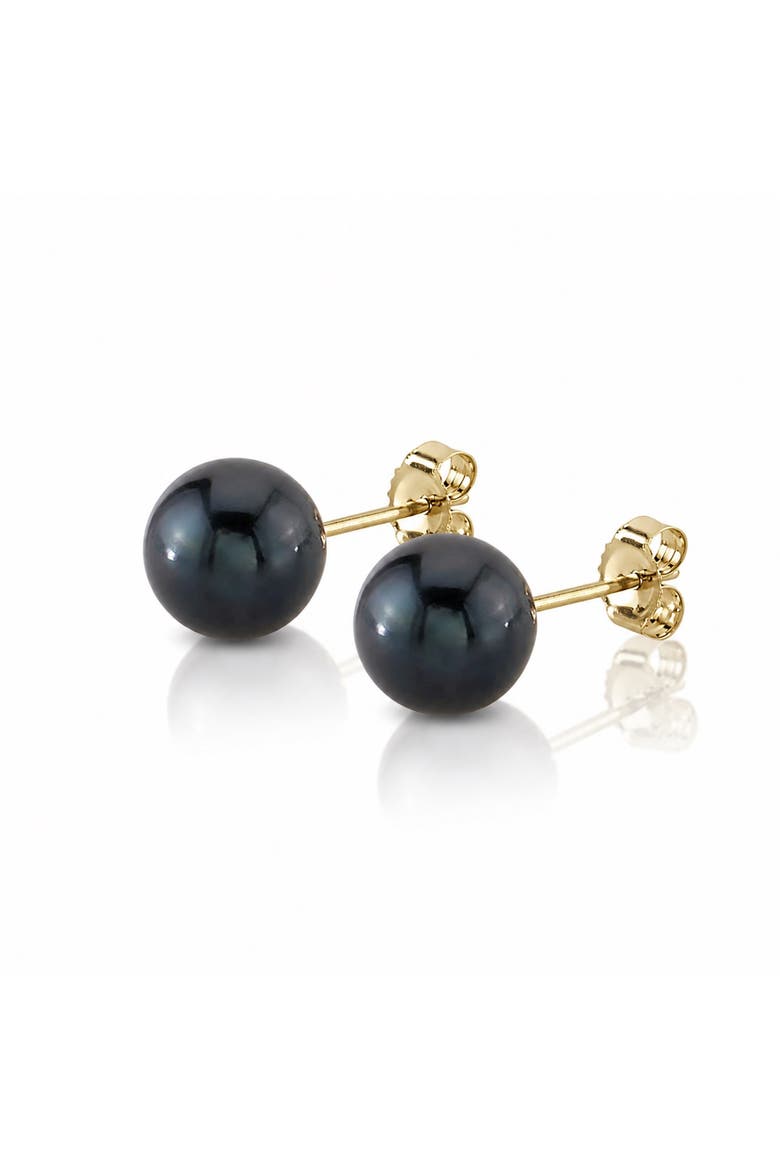 7.0-7.5mm Black Akoya Round Pearl Stud Earrings, Main, color, Yellow Gold