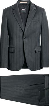 BOSS Houston Slim Fit Charcoal Grey Wool Blend Herringbone Suit