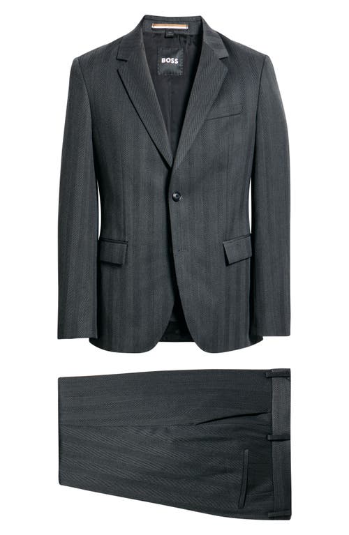 Hugo Boss Boss Houston Slim Fit Charcoal Grey Wool Blend Herringbone Suit In Gray