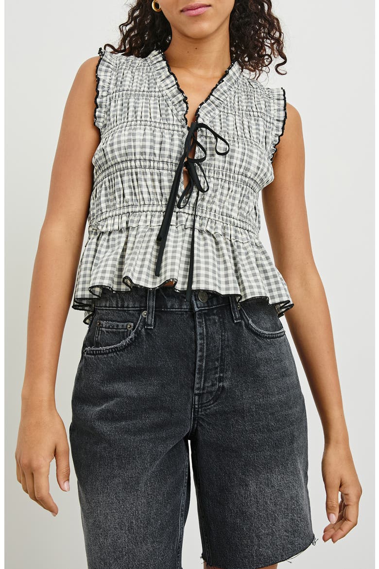 Martine Gingham Smocked Ruffle Crop Top, Main, color, IVORY JET GINGHAM
