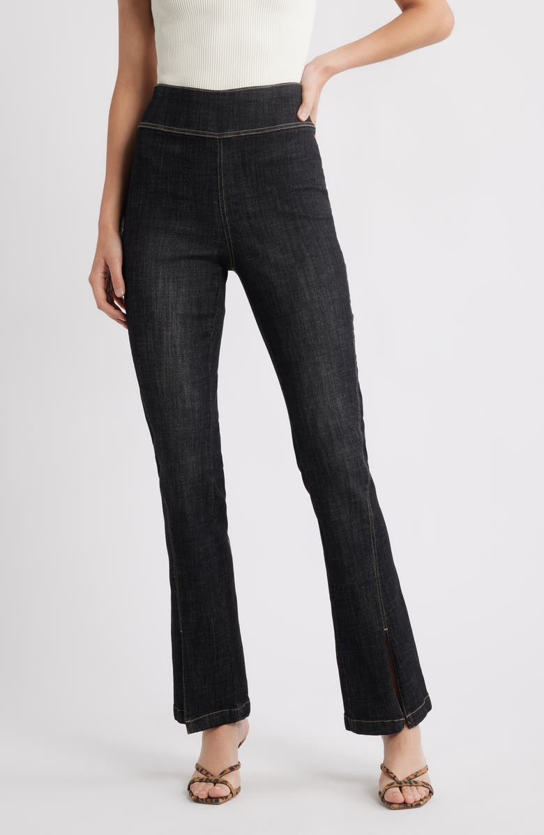 Hue Crosshatch Slit Hem Denim Leggings, Main, color, Black