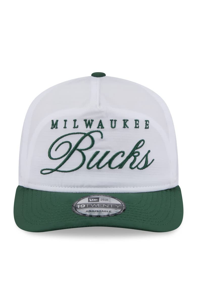 Men's New Era White/Hunter Green Milwaukee Bucks 2025 NBA Draft On-Stage Nylon 19TWENTY Adjustable Hat, Alternate, color, White