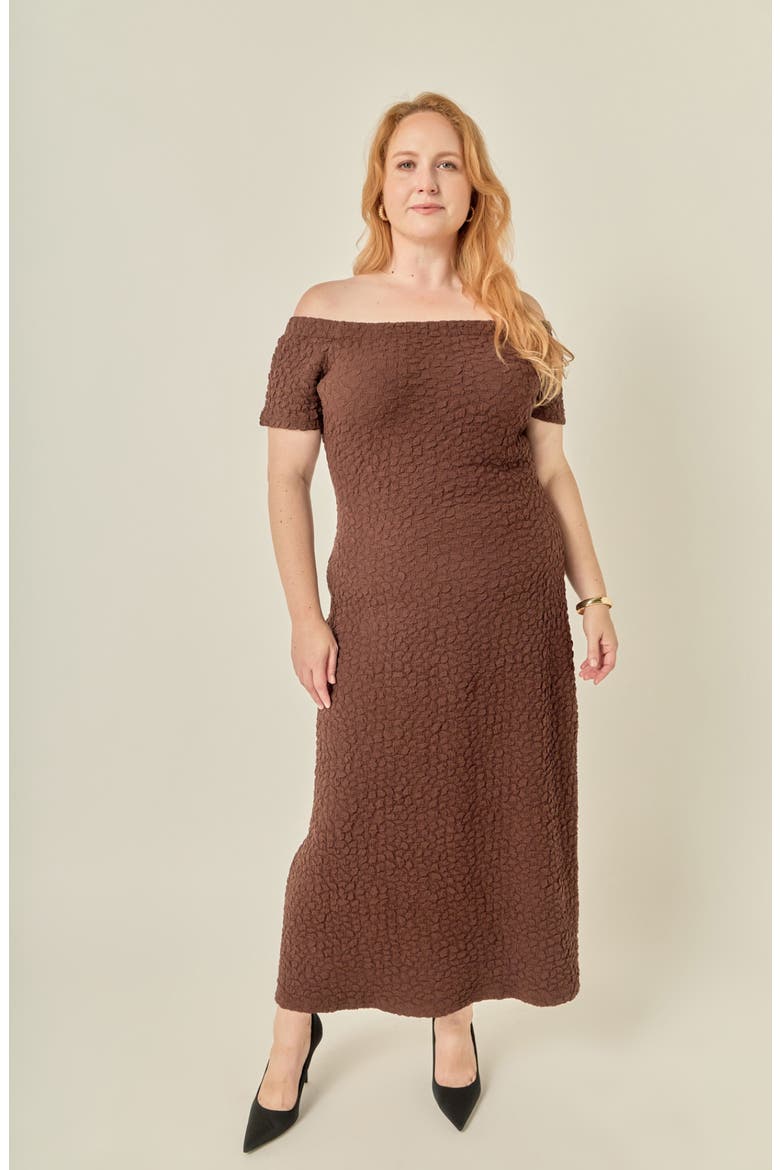 Texture Off the Shoulder Maxi Dress, Alternate, color, BROWN