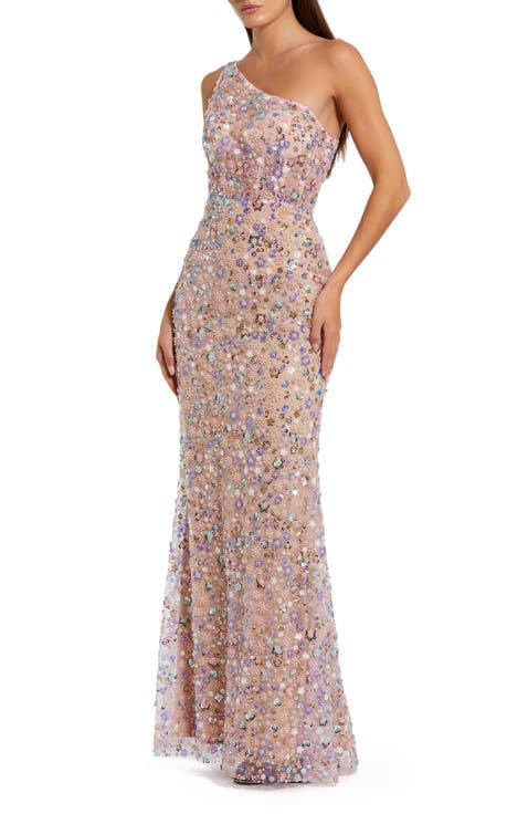 Floral Embellished One Shoulder Column Gown