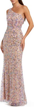 Mac Duggal Floral Embellished One Shoulder Column Gown