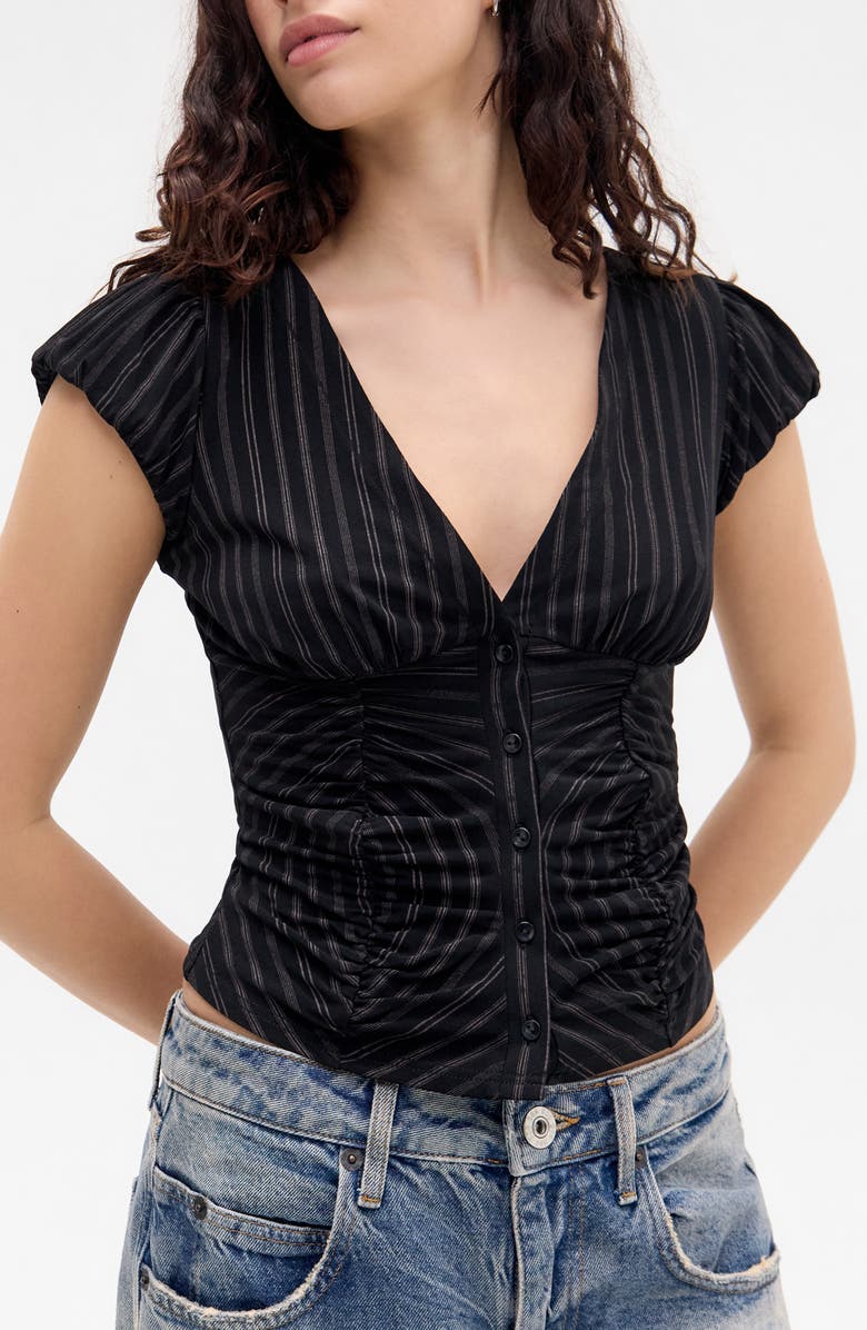 BDG Urban Outfitters Penny Ruched Polka Dot Top, Main, color, Black