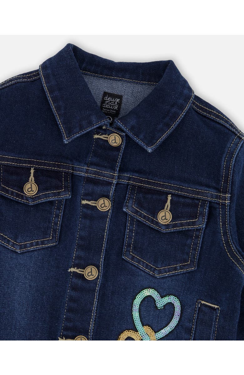 Deux par Deux Stretch Denim Jacket with Glittery Hearts and Unicorn, Alternate, color, Blue Denim