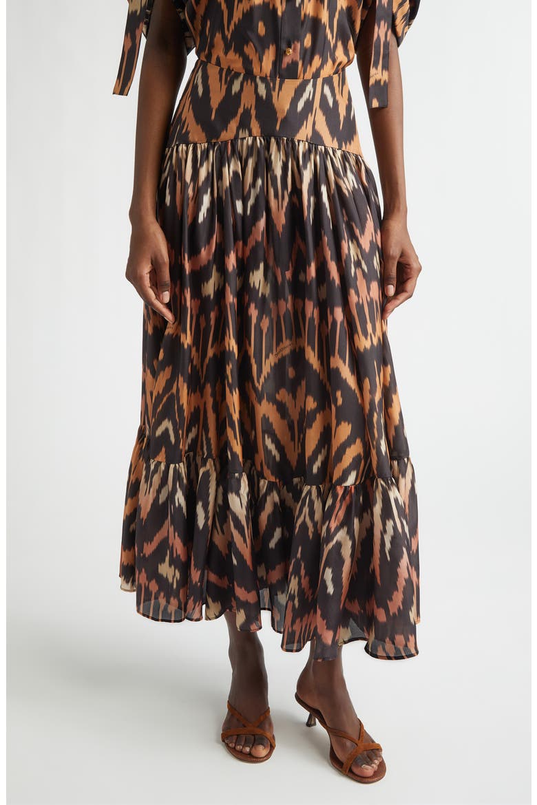 Aster Ikat Print Tiered Silk Skirt, Main, color, CHARCOAL IKAT