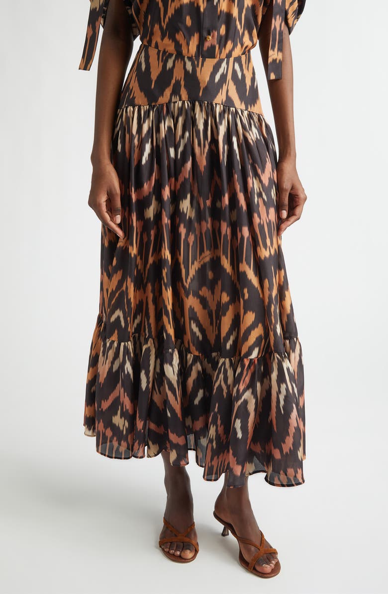 Zimmermann Aster Ikat Print Tiered Silk Skirt, Main, color, Charcoal Ikat