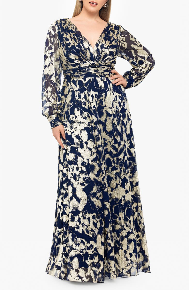 Betsy & Adam Long Sleeve Foil Print A-Line Gown, Main, color, Navy/ Gold