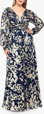 Betsy & Adam Long Sleeve Foil Print A-Line Gown