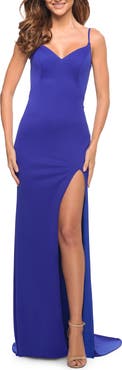 La Femme Simple Jersey Gown with V Neckline and Slit