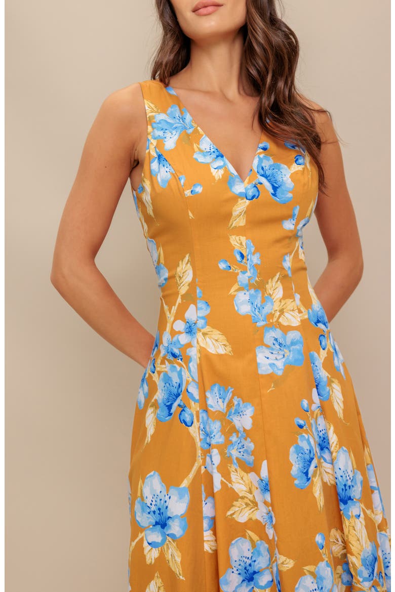Floral Fit & Flare Midi Dress, Alternate, color, CAMEL