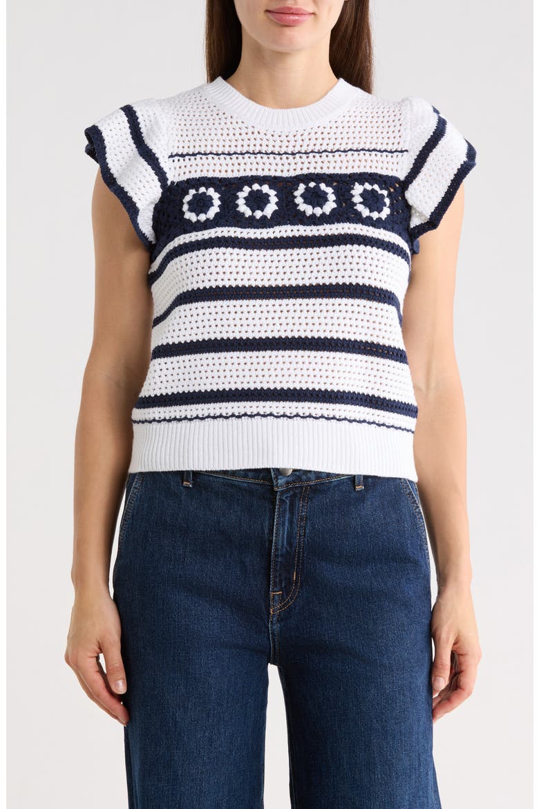 Ruffle Open Knit Sweater, Main, color, IVORY/ NAVY