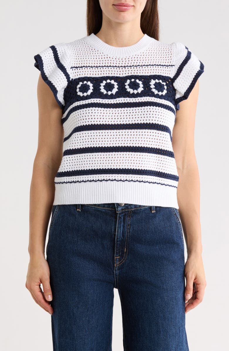 ELIE ELIE TAHARI Ruffle Open Knit Sweater, Main, color, Ivory/ Navy