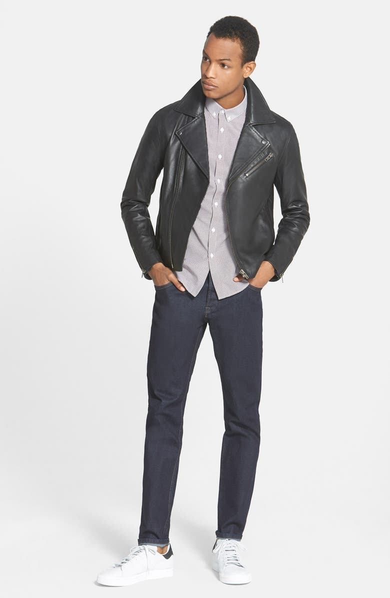 Topman Black Leather Biker Jacket, Alternate, color, 
