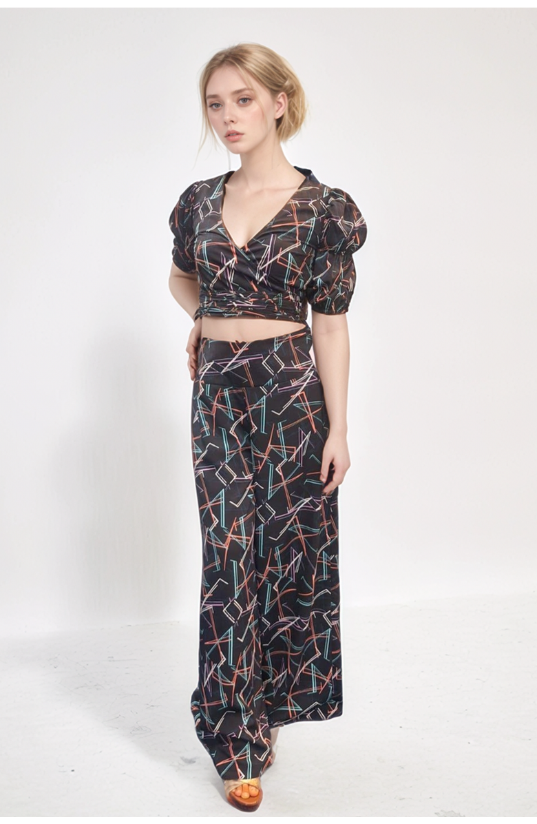 CREEA the Label Geometric Print Puff Sleeve Crop Top and Trousers Co-Ord Set, Main, color, 