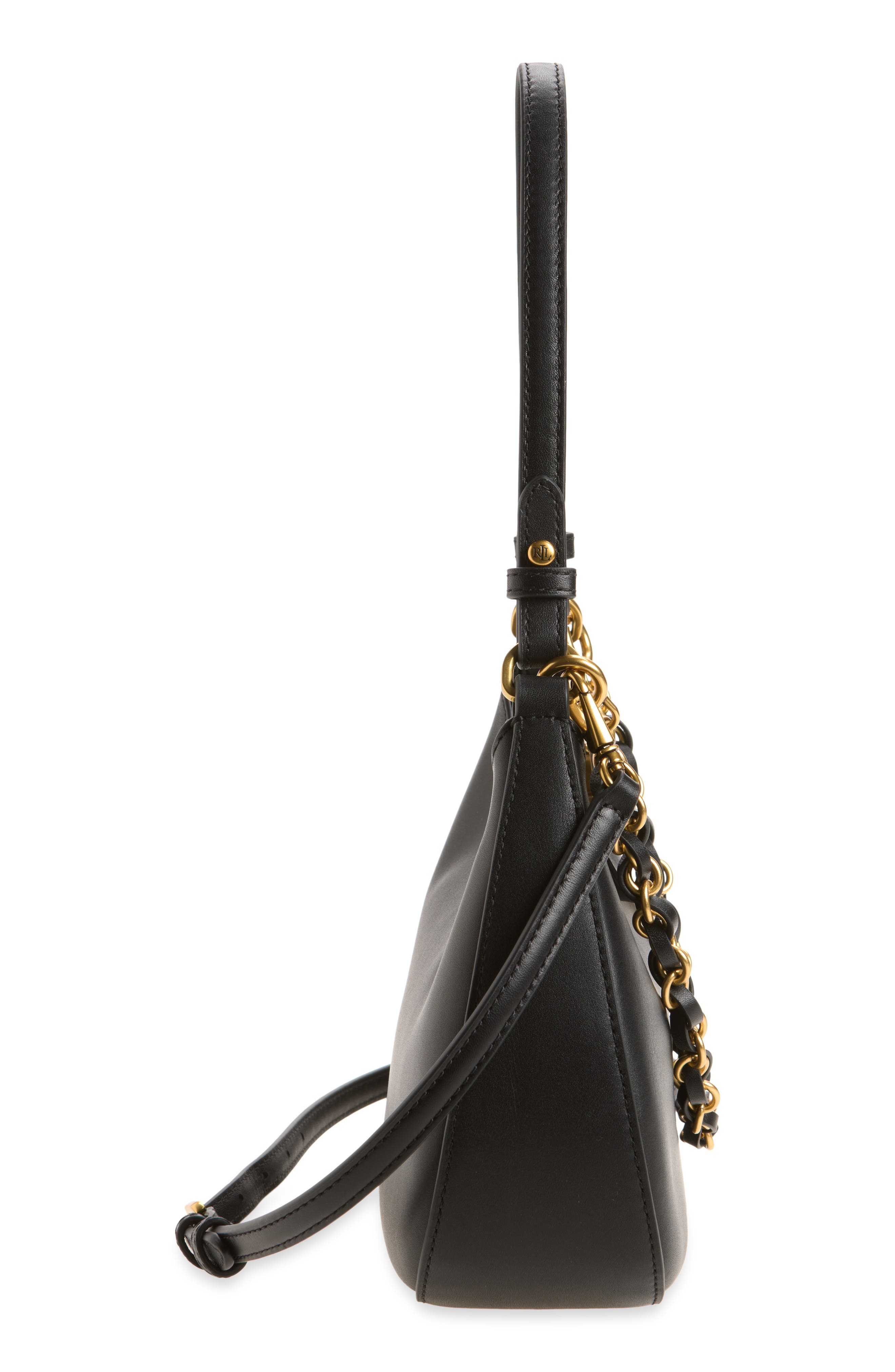 Chain Leather Shoulder Bag, Alternate, color, BLACK