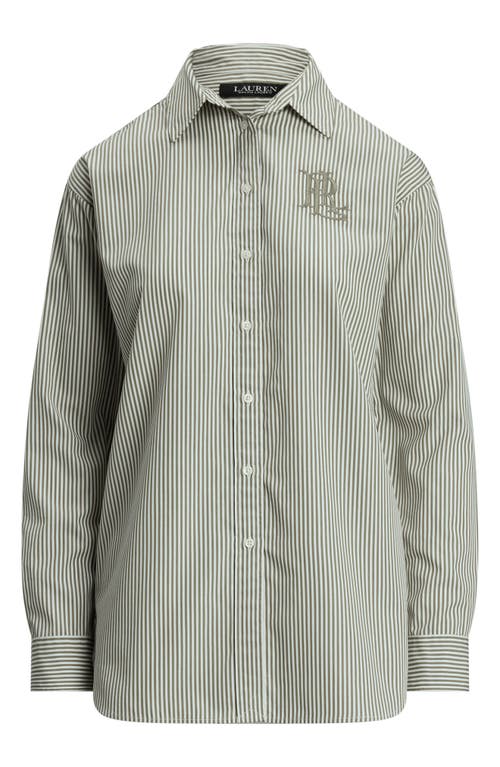 Shop Ralph Lauren Lauren Stripe Cotton Button-up Shirt In Sage Green/white