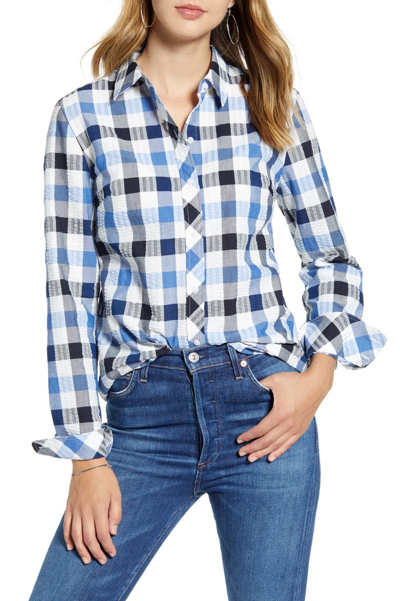 Check Seersucker Button Up Shirt, Main, color, BLUE MULTI CHECK