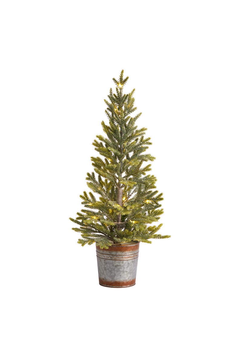 NEARLY NATURAL 26-in Pine Natural Look Artificial Christmas Tree with 35 Warm White Lights in Rustic Metal Planter, Main, color, Green
