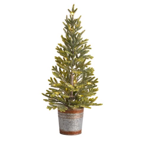 26-in Pine Natural Look Artificial Christmas Tree with 35 Warm White Lights in Rustic Metal Planter