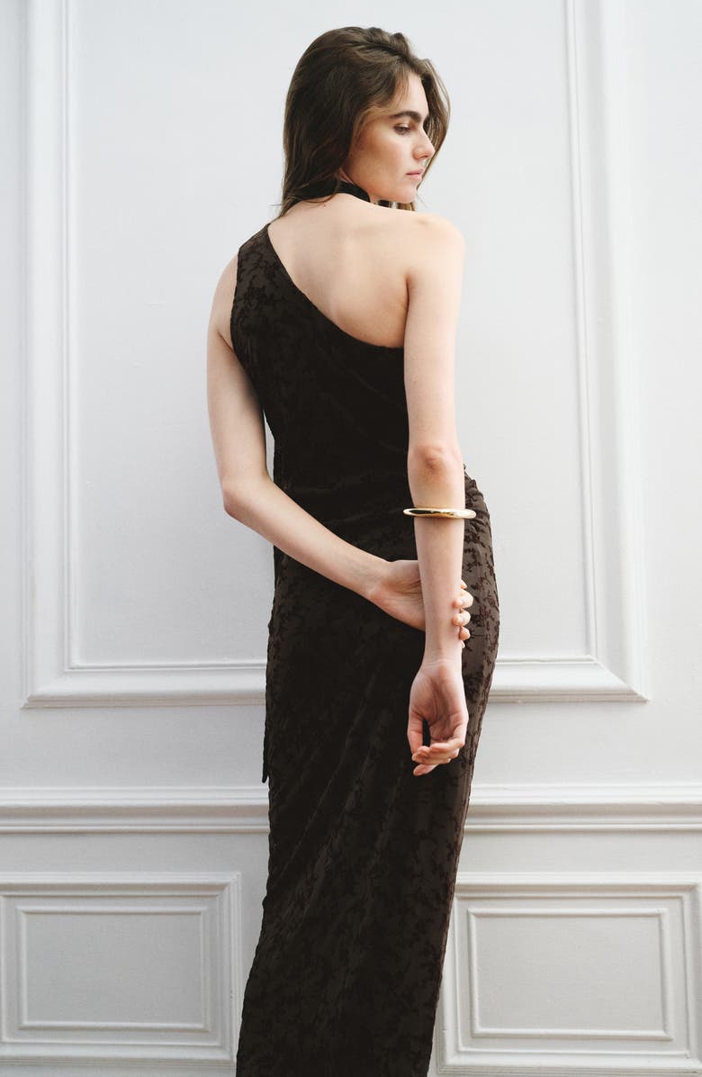 MANGO One-Shoulder Tie Neck Devoré Dress, Alternate, color, Brown