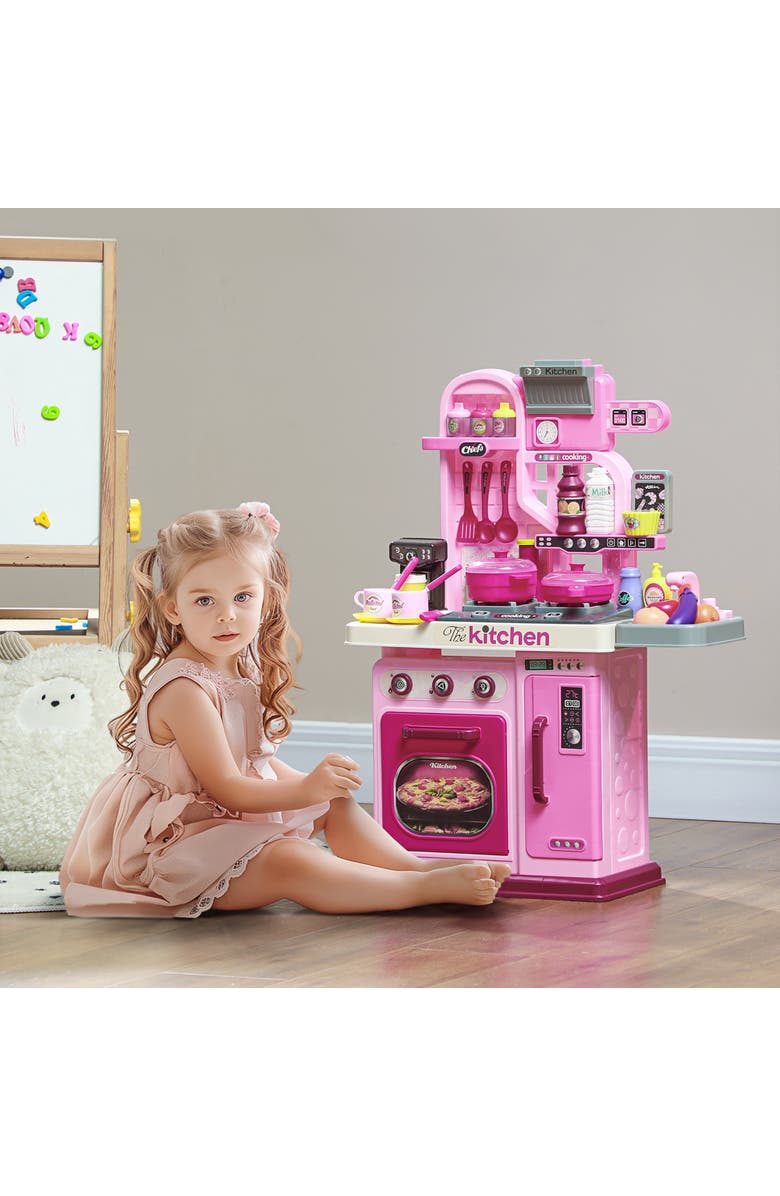 Qaba Kids Play Kitchen, Lights, Sounds, 33 Accessories, Storage, Alternate, color, Pink