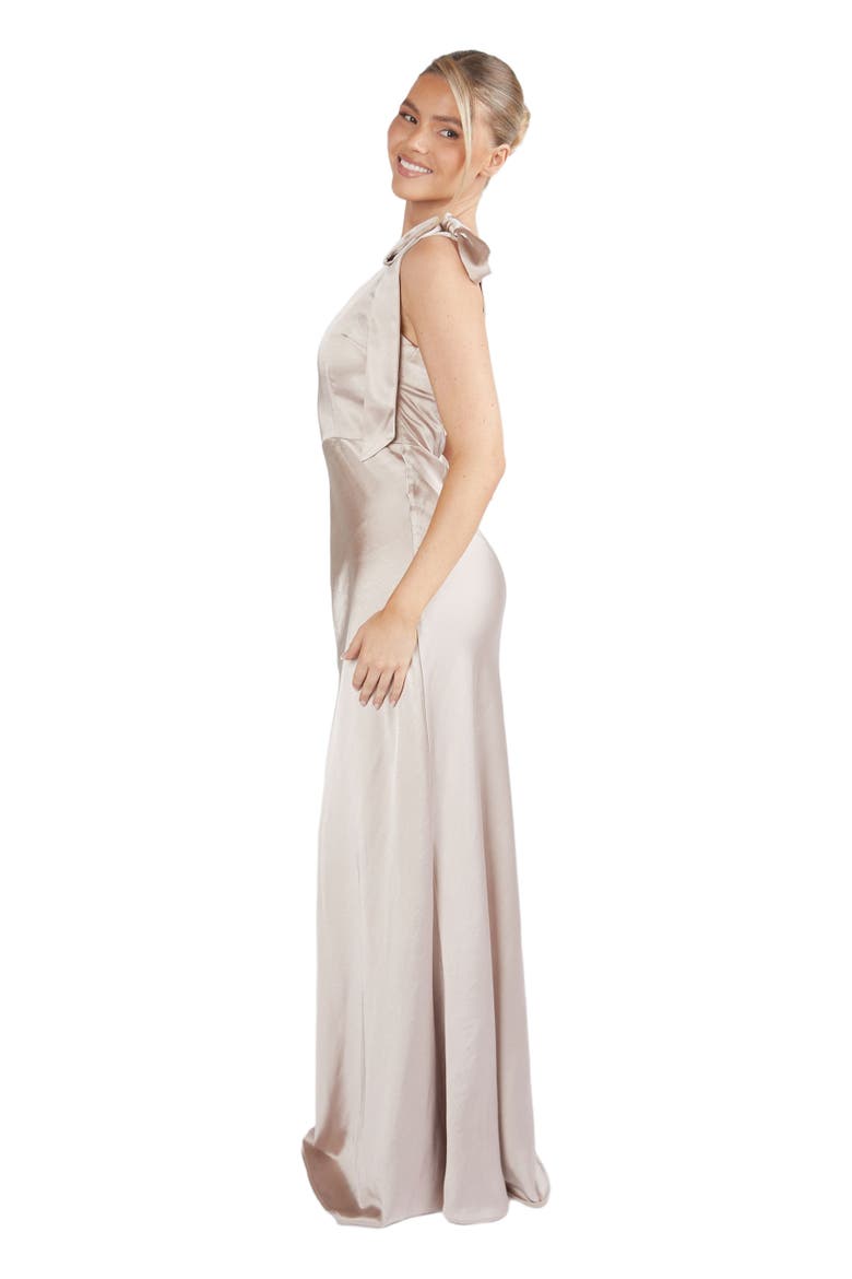 Bow One Shoulder Satin Bridesmaid Dress, Alternate, color, Oyster