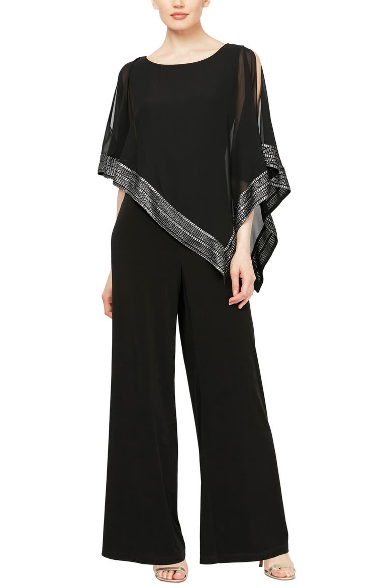 Foil Trim Asymmetric Popover Capelet Jumpsuit, Main, color, BLACK