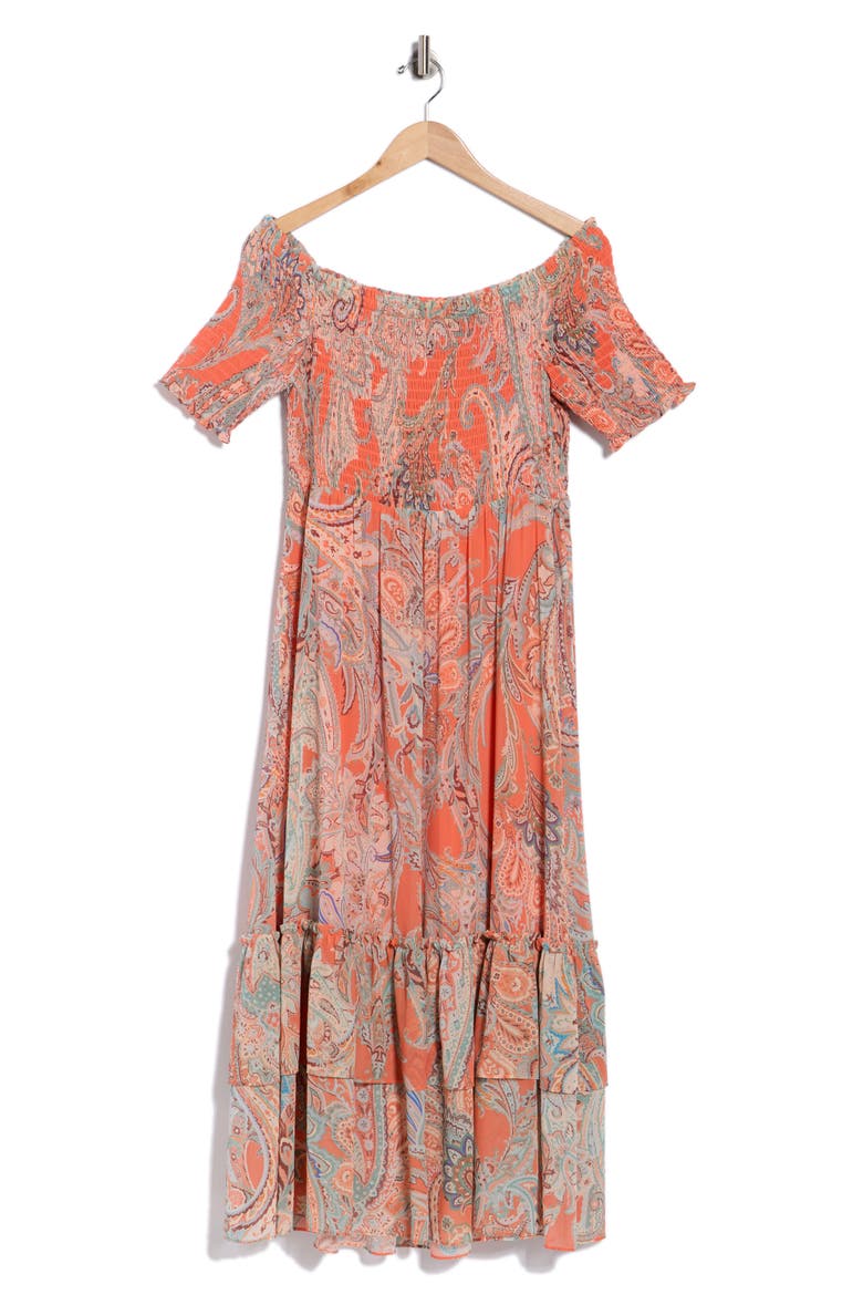 Oriel Off the Shoulder Smocked Fit & Flare Dress, Alternate, color, ORANGE/ LIGHT BLUE TRDTNL PSLY