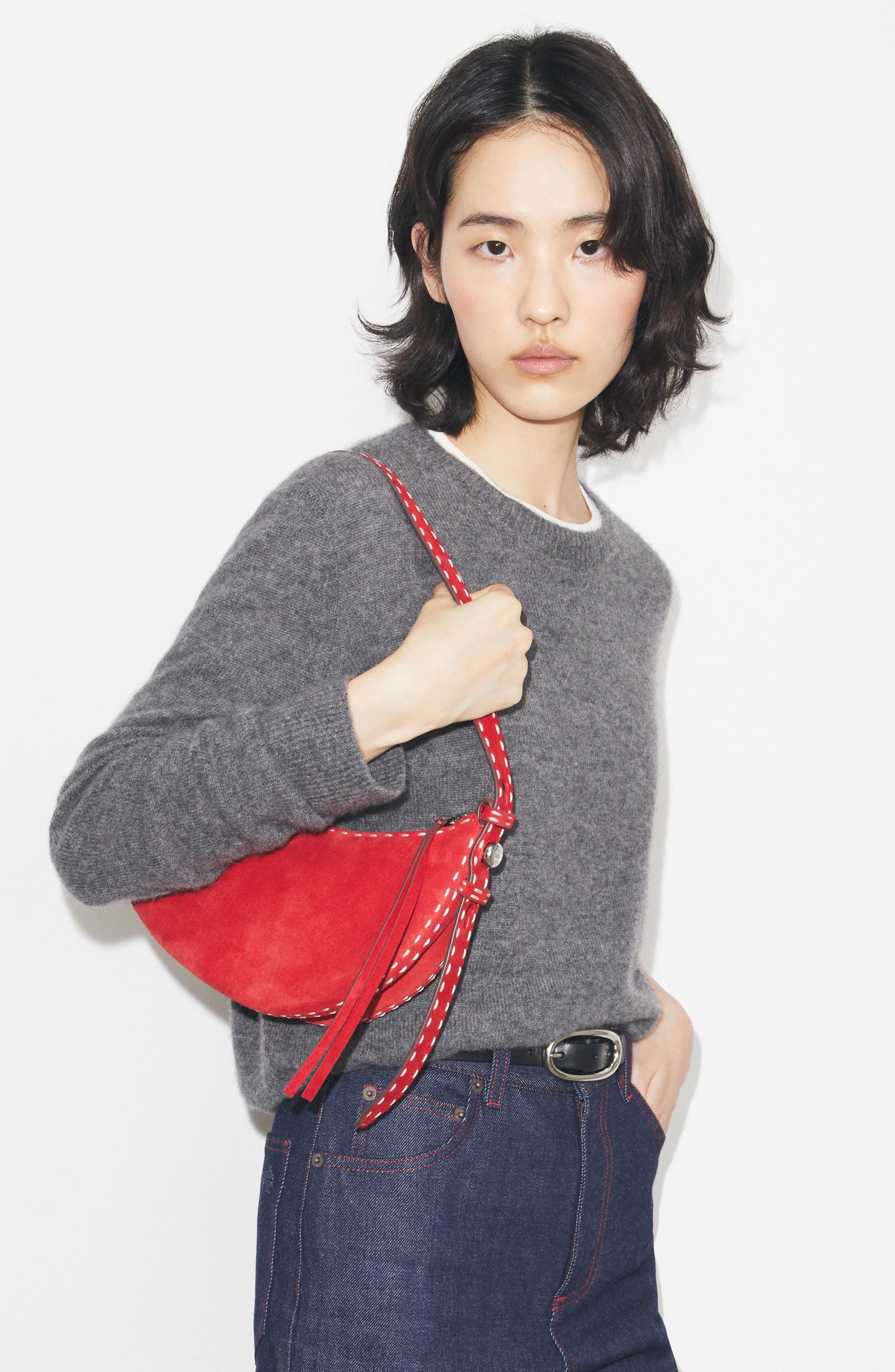 Tory Burch Romy Suede Half Moon Shoulder Bag, Alternate, color, Red