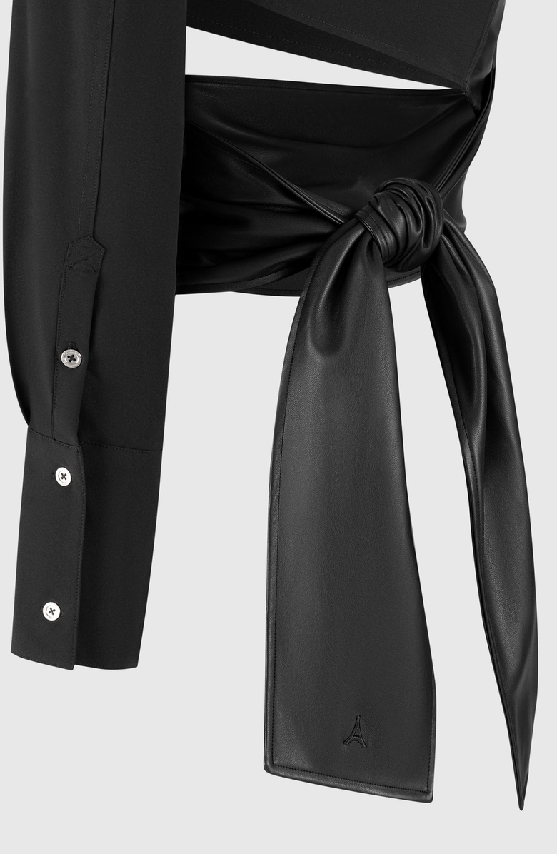 Manière De Voir Coralie One Sleeve Leather Wrap Top, Alternate, color, Black