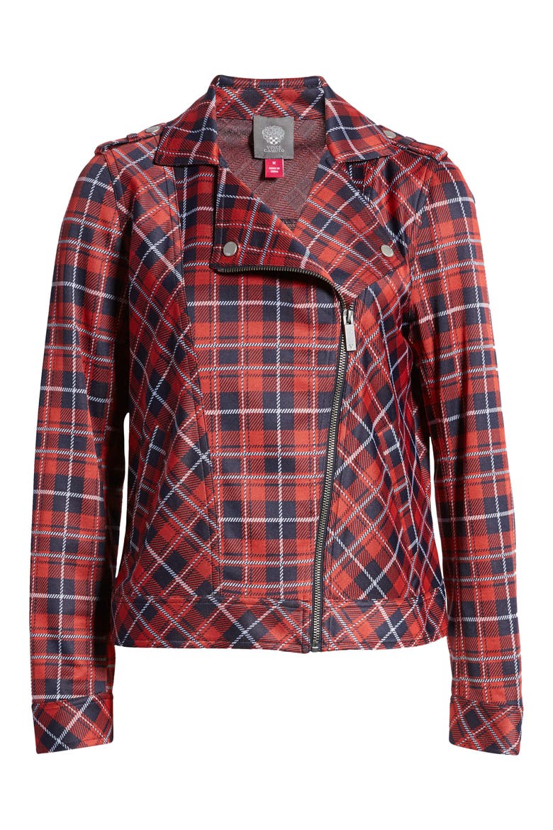 Plaid Knit Moto Jacket, Alternate, color, BURNT AMBER