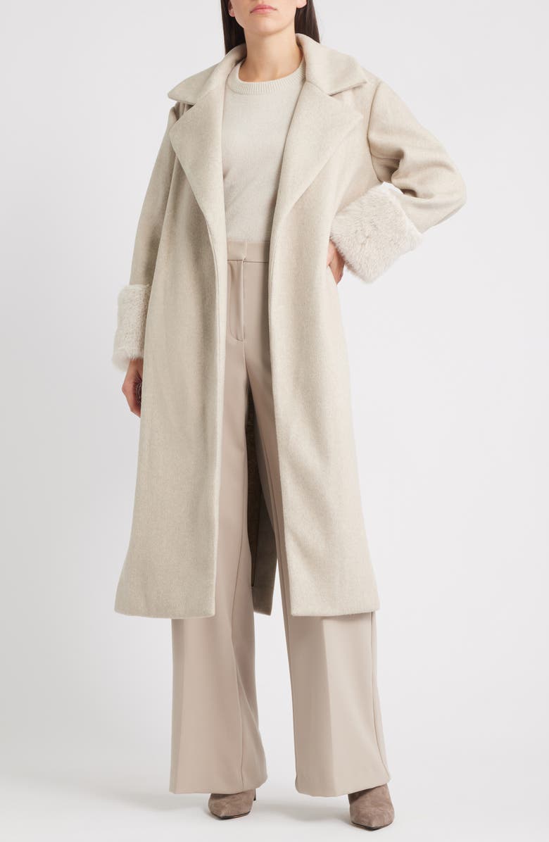 Anne Klein Belted Faux Fur Cuff Coat, Alternate, color, Soft Birch Melange