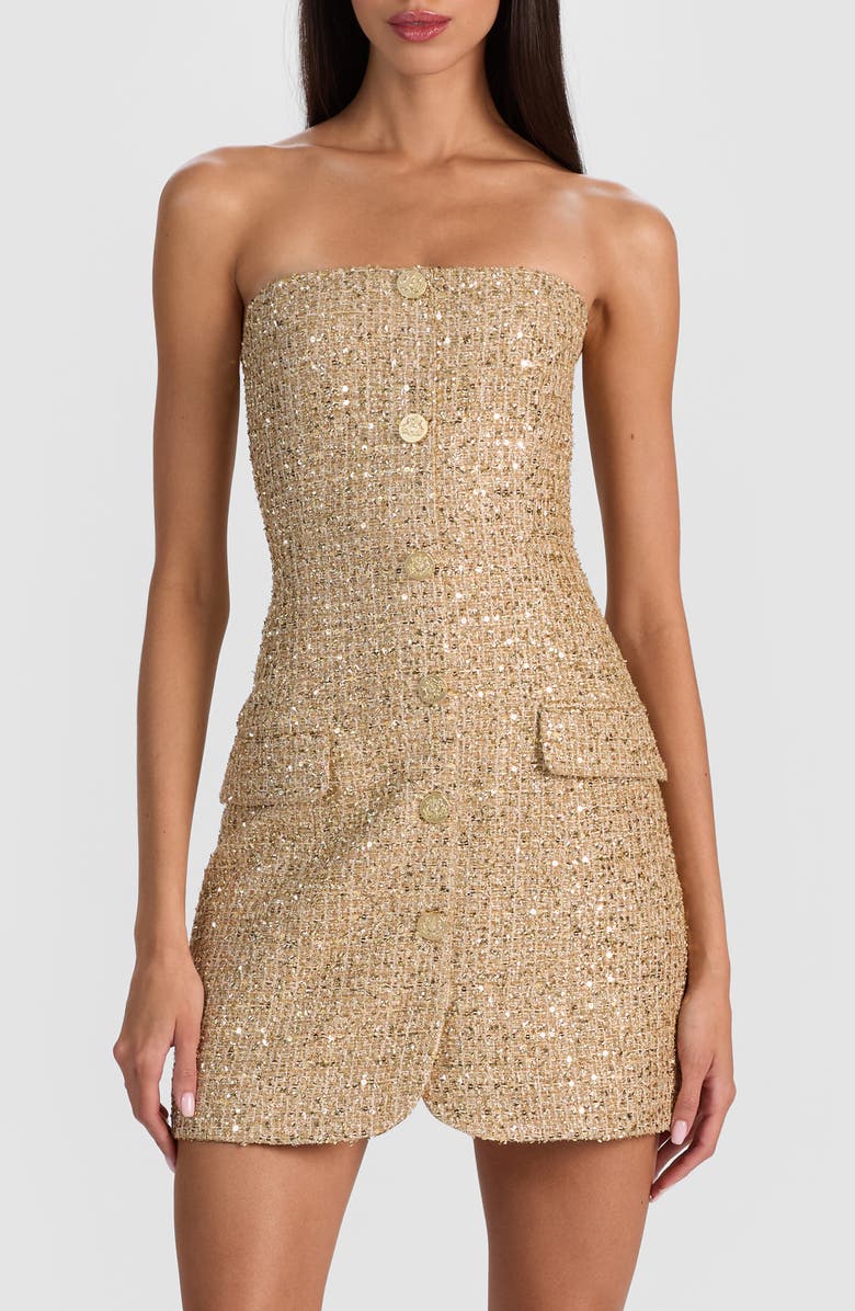 Alice + Olivia Madison Strapless Metallic Tweed Minidress, Main, color, Pale Gold