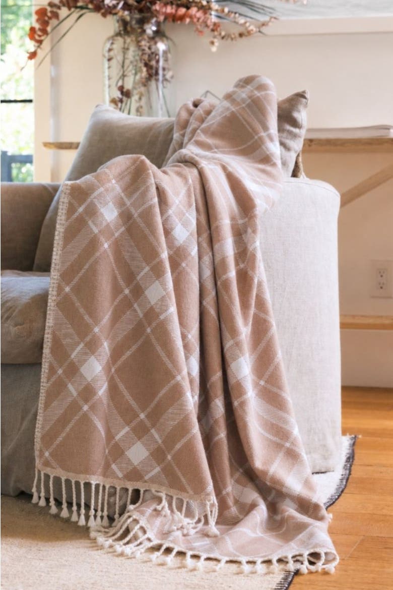 Plaid Reversible Organic Cotton Throw Blanket, Alternate, color, Camel